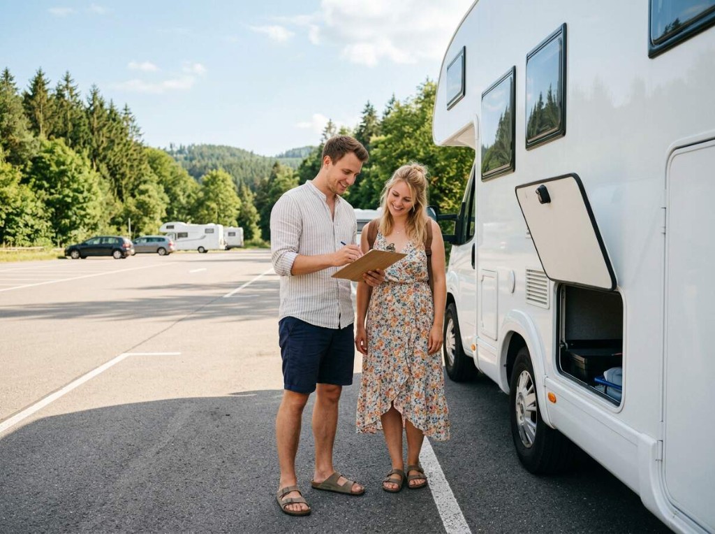 Paar mit Checkliste vor einem Wohnmobil bei sonnigem Wetter auf dem Stellplatz