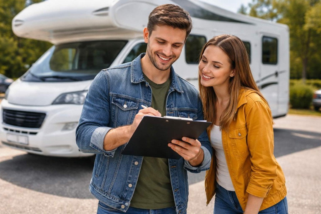 Zwei Personen bei der Übergabe mit Klemmbrett vor einem Wohnmobil