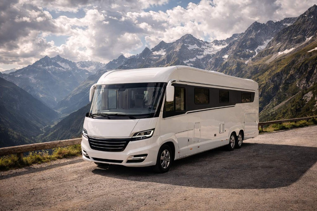 Vollintegriertes Wohnmobil an einer Bergstraße mit Gebirgspanorama